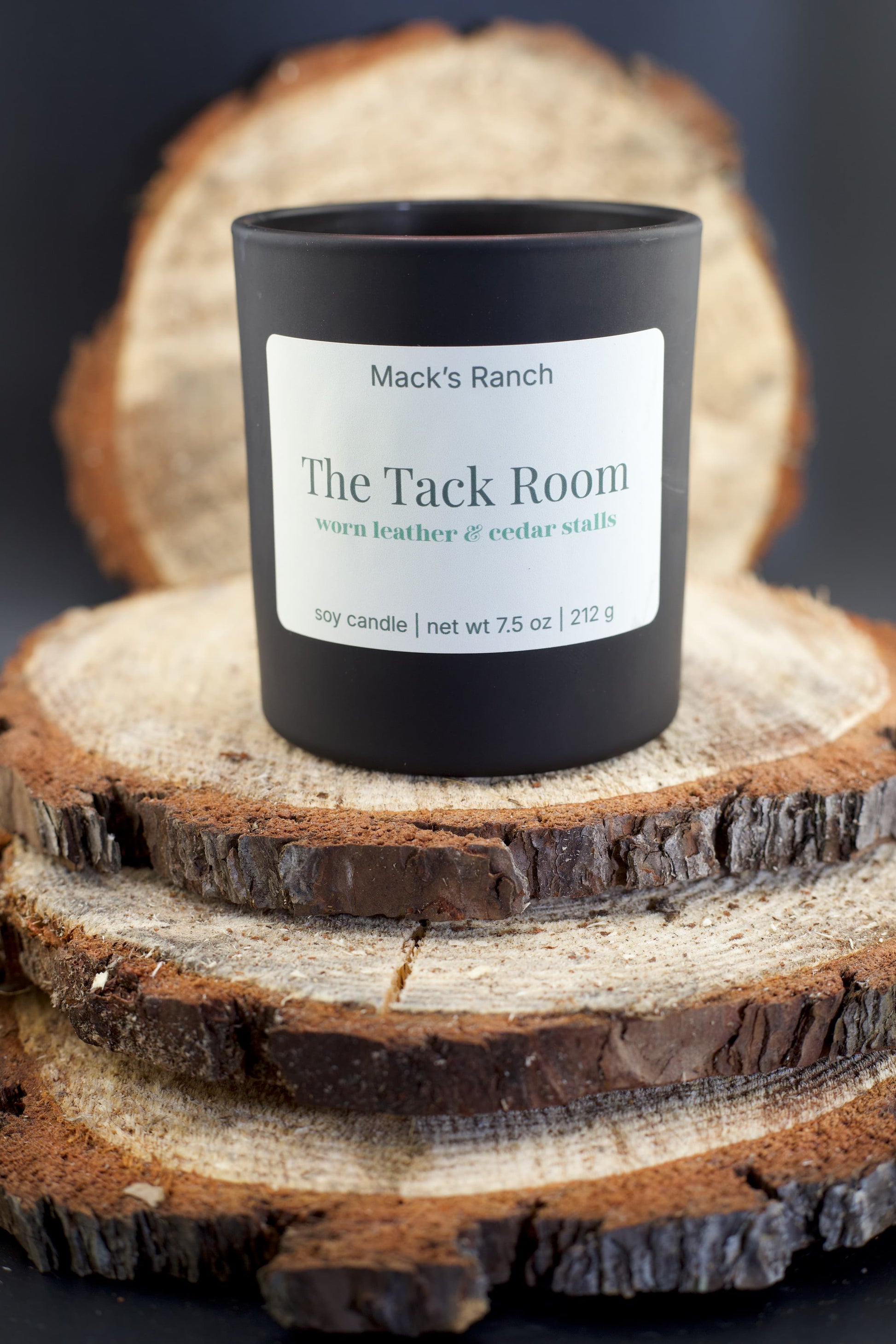 The Tack Room soy candle - leather and wood scent inspired by ranch tack rooms